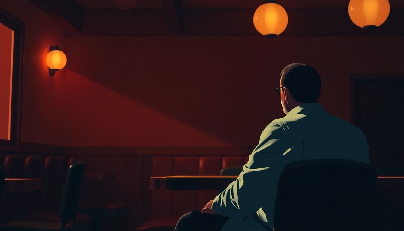 An extreme close-up of a solitary figure sitting alone in a dimly lit diner, their face partially obscured by shadows, conveying a sense of contemplation and unease.
