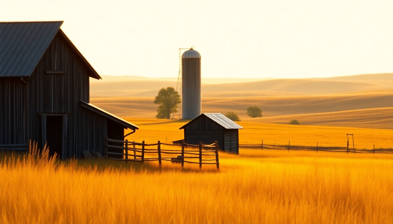 A hazy, dreamlike photograph of a rustic wooden barn and silo set against rolling hills, conveying a sense of the agricultural heritage and community that defined Harold Dale Hudson's life.