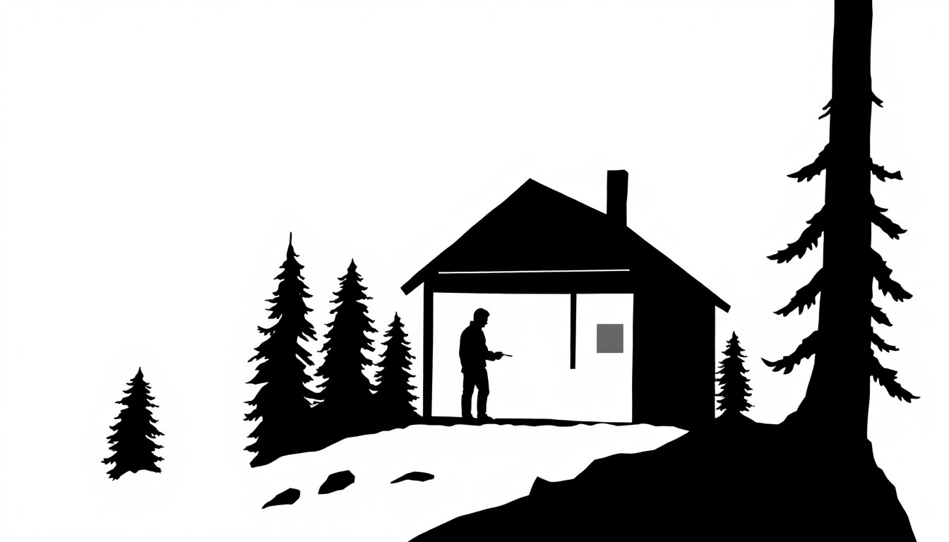 A stark black and white silhouette of a person trapped inside a remote cabin, surrounded by jagged geometric shapes, conveying the suspense and isolation of the film's horror premise.