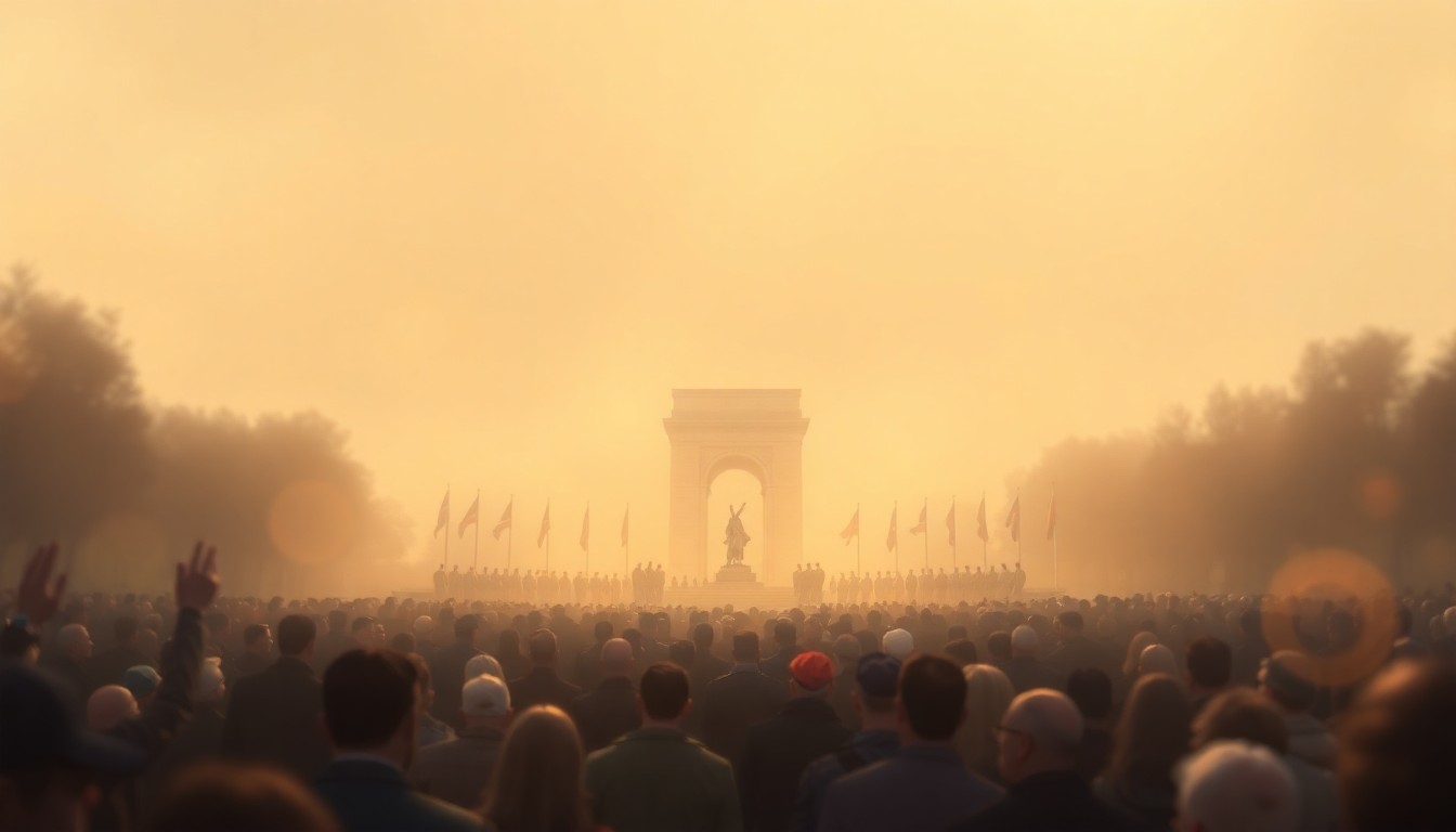 An abstract, impressionistic scene of a crowd gathered around a war memorial, with blurred figures and muted colors creating a somber, reflective mood.