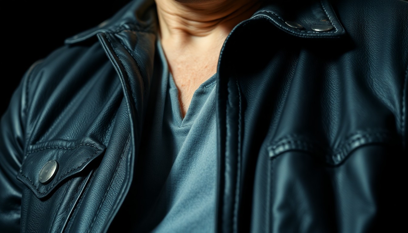 An extreme close-up photograph of the worn, distressed leather of Bruce Springsteen's iconic jacket, capturing the gritty, high-energy aesthetic of his rock star persona.