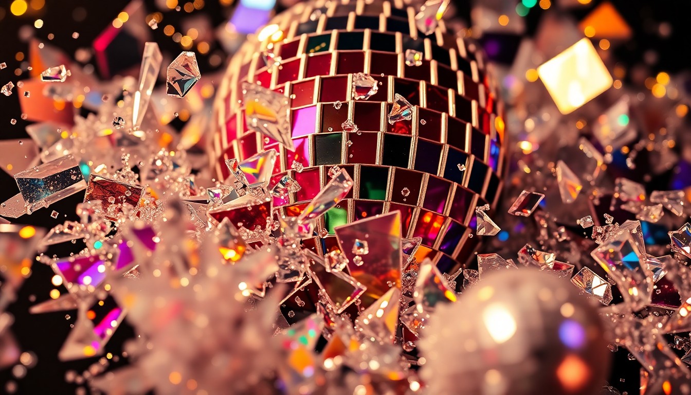 An abstract close-up photograph featuring shattered glass and glittering disco ball fragments in a dramatic, high-contrast studio lighting setup, conveying the idea of a rock song's unexpected viral popularity and chart success.