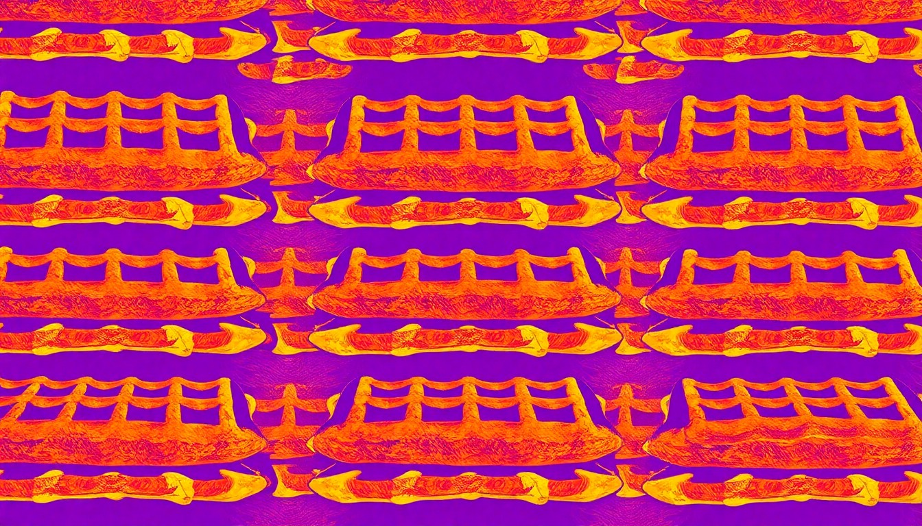 A vibrant, abstract silkscreen print featuring a repeating pattern of brightly colored, stylized waffles, conceptually representing a healthier school breakfast program.