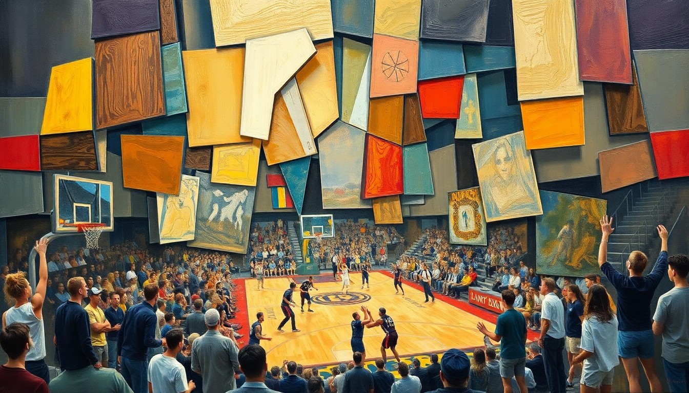 A cubist, geometric painting depicting the chaotic action of a high school basketball championship game, with fragmented players, hoops, and spectators rendered in a vibrant color palette.