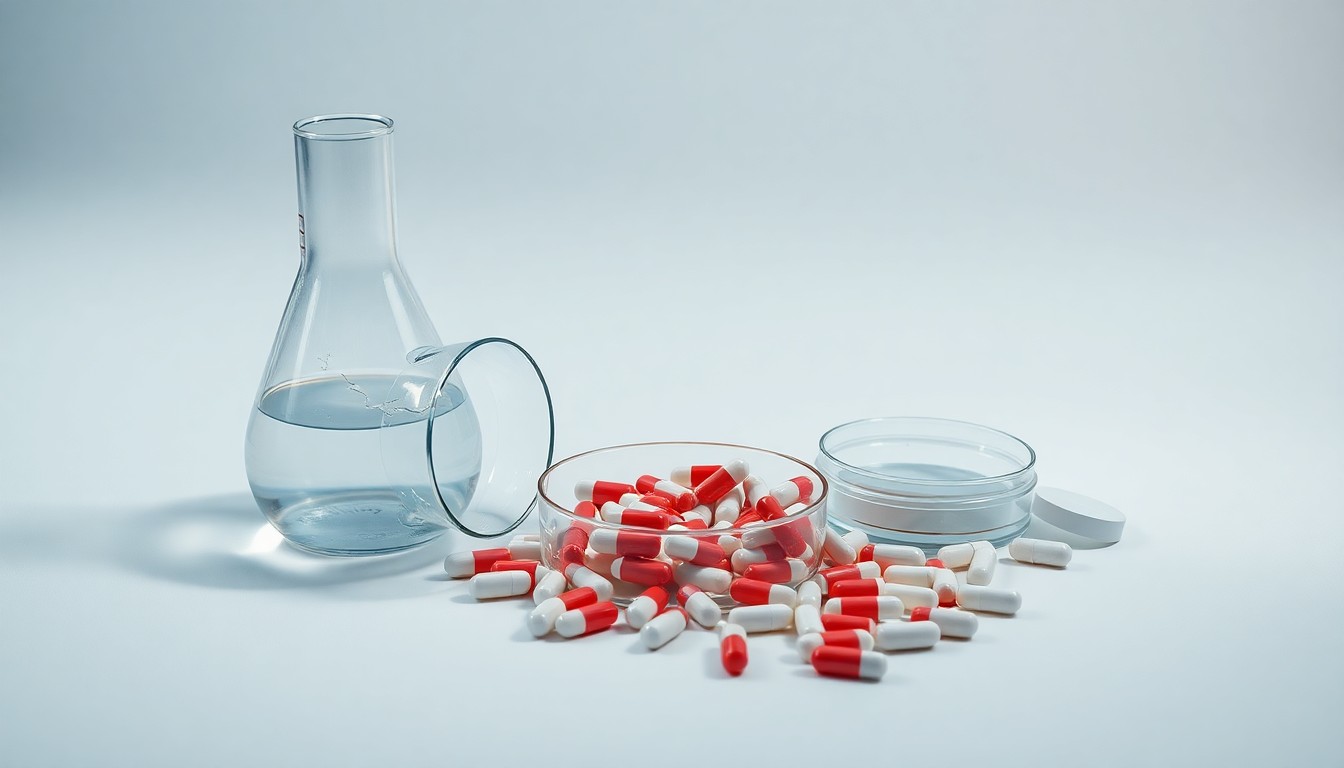 A high-end, photorealistic studio still-life photograph featuring a shattered glass beaker, a cracked petri dish, and a scattered pile of pill capsules, conceptually illustrating the financial and operational challenges facing the biotech industry.