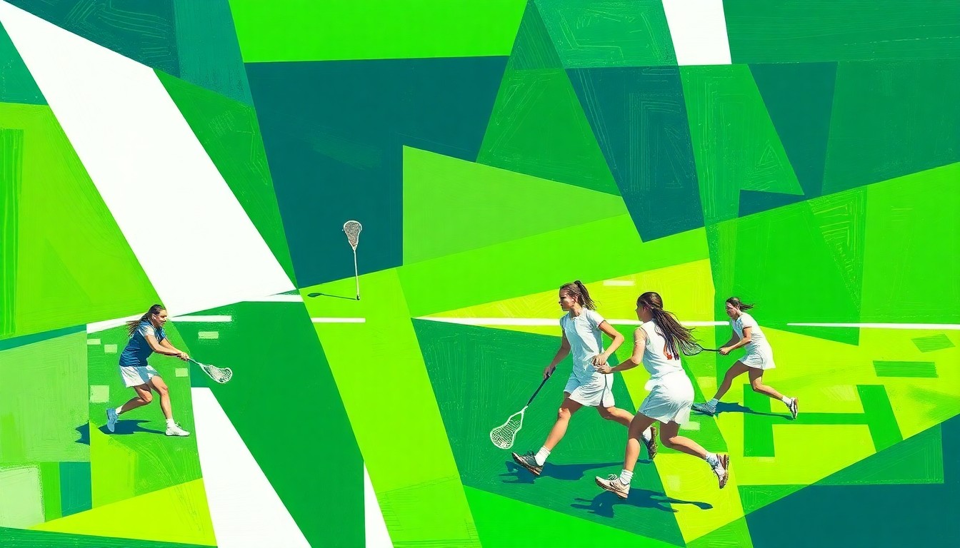 A fragmented, geometric painting depicting the dynamic action and energy of a girls lacrosse game, with sharp planes of green, blue, and white overlapping to create a sense of movement and intensity.