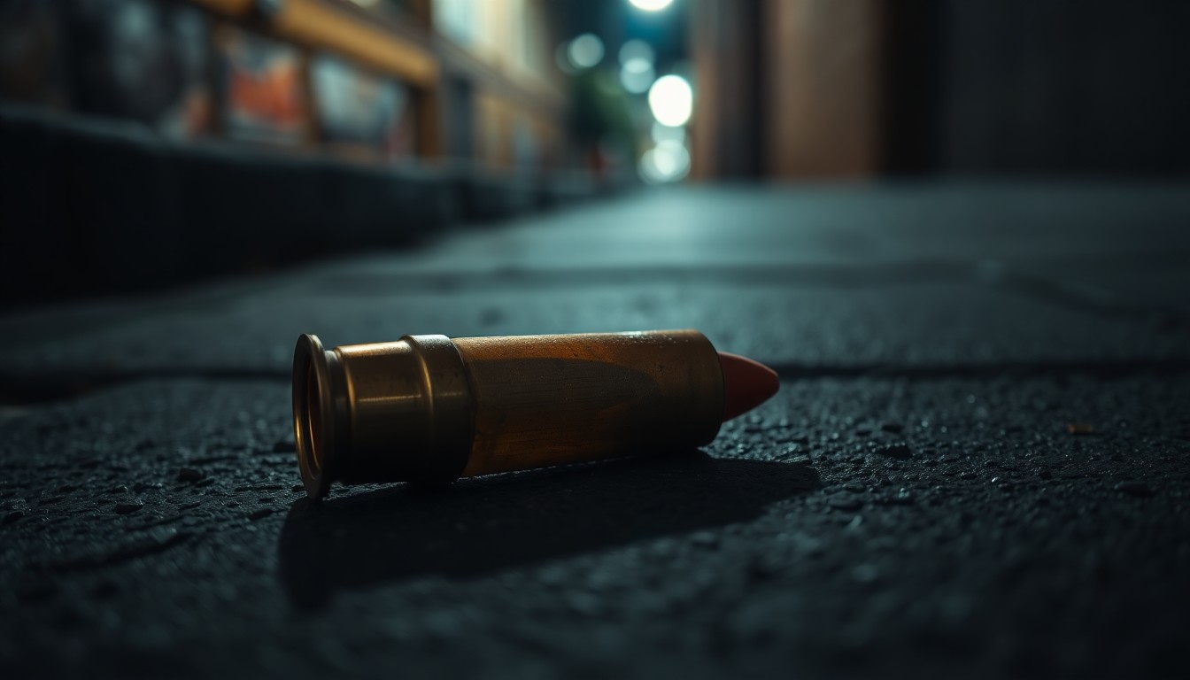 An extreme close-up photograph of a spent shell casing on a dark, gritty sidewalk, the harsh flash illuminating the metallic texture and creating a stark, investigative aesthetic.
