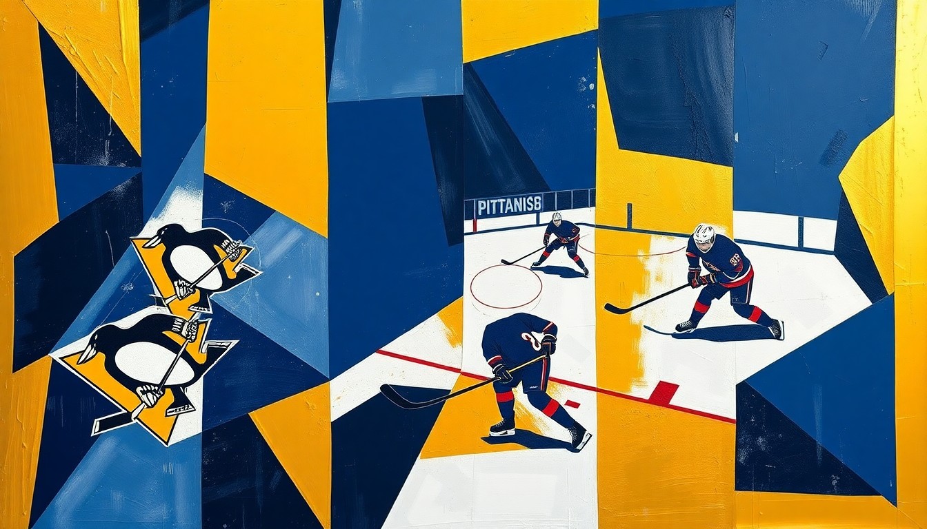 A cubist, geometric painting depicting the action of a hockey game, with angular, overlapping forms representing the players' movements and the puck's trajectory across the ice.