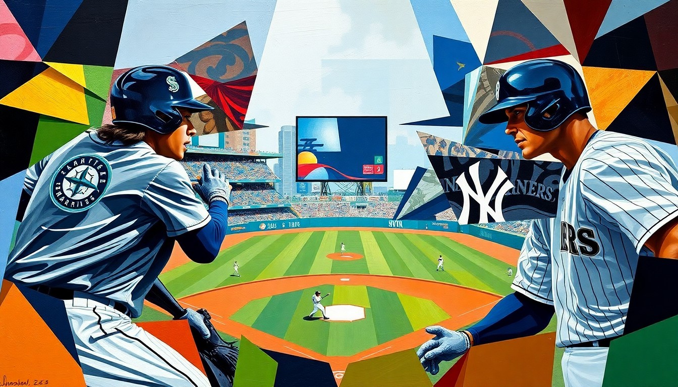 A fragmented, geometric painting in the style of Pablo Picasso, with overlapping planes of color and shape representing the action of a baseball game between the Seattle Mariners and New York Yankees. The players' forms are abstracted into angular, overlapping shapes in the teams' official colors.