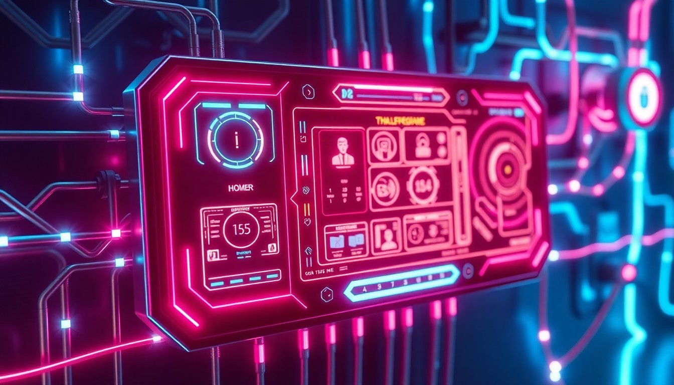 A highly detailed, glowing 3D illustration of a futuristic smart home control panel with holographic interfaces, neon cyan and magenta lighting, and sleek metallic accents, conceptually representing the interconnected technology powering smart home automation.