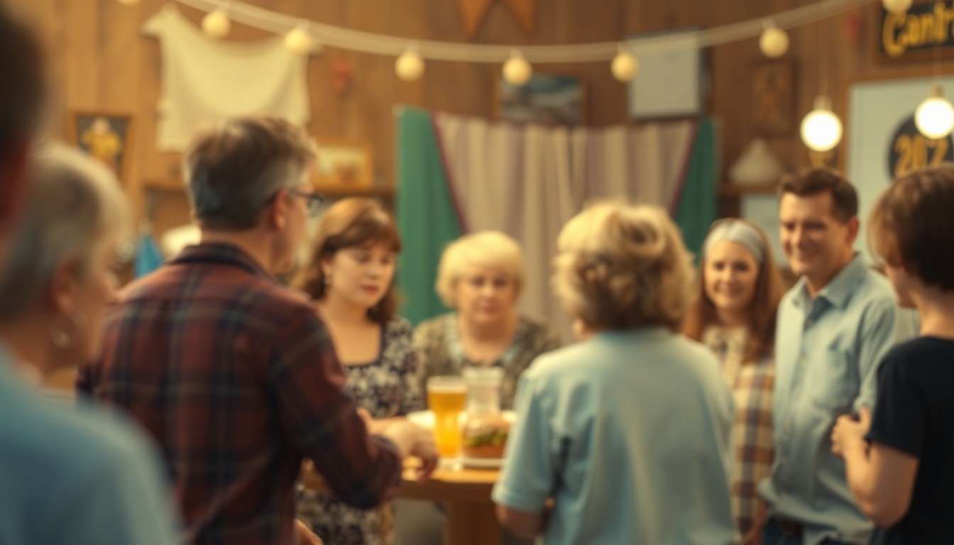 A softly focused, warm-toned photograph of a family gathering, with blurred figures and objects in the foreground and background, capturing the intimate and nostalgic mood of a small-town community celebration.
