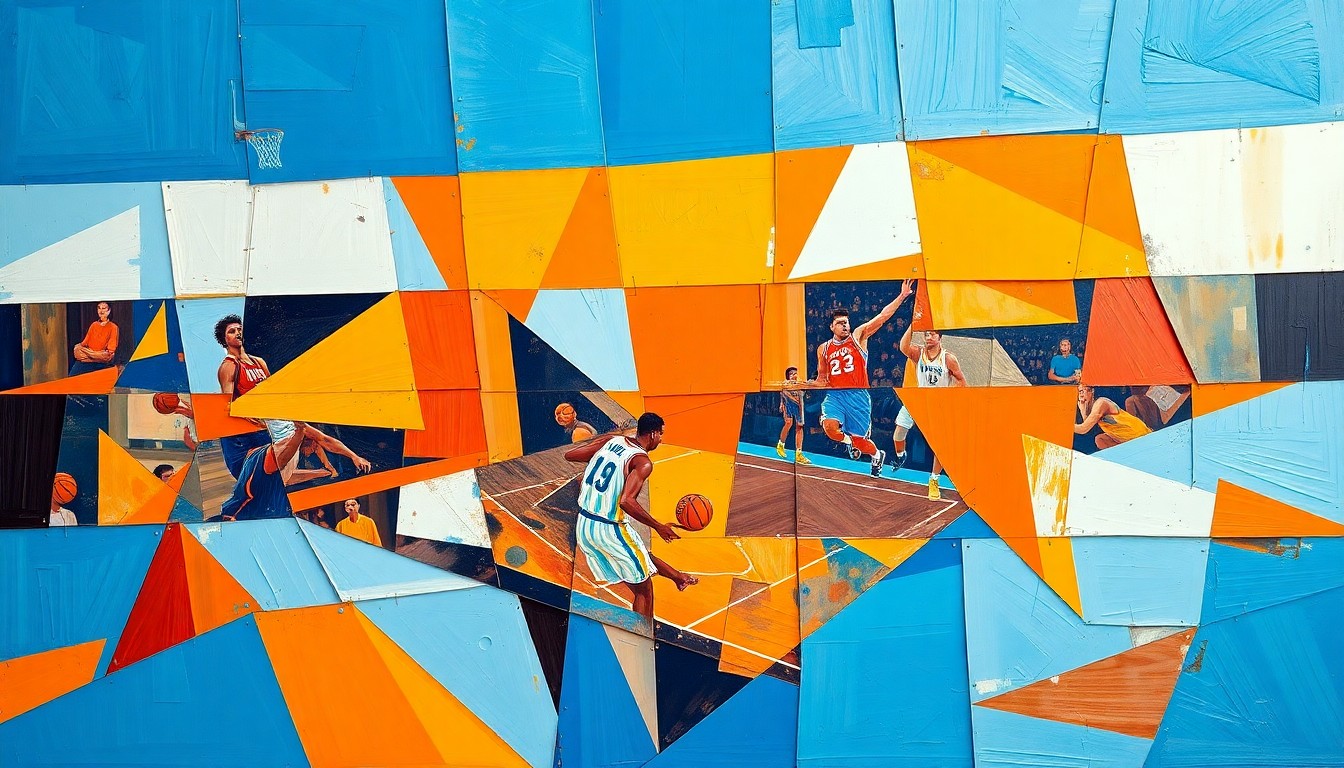 A fragmented, cubist-style painting depicting a basketball game or match, with the players and court broken down into sharp, overlapping geometric shapes in vibrant shades of orange, blue, and white, conveying the raw intensity of the sport.