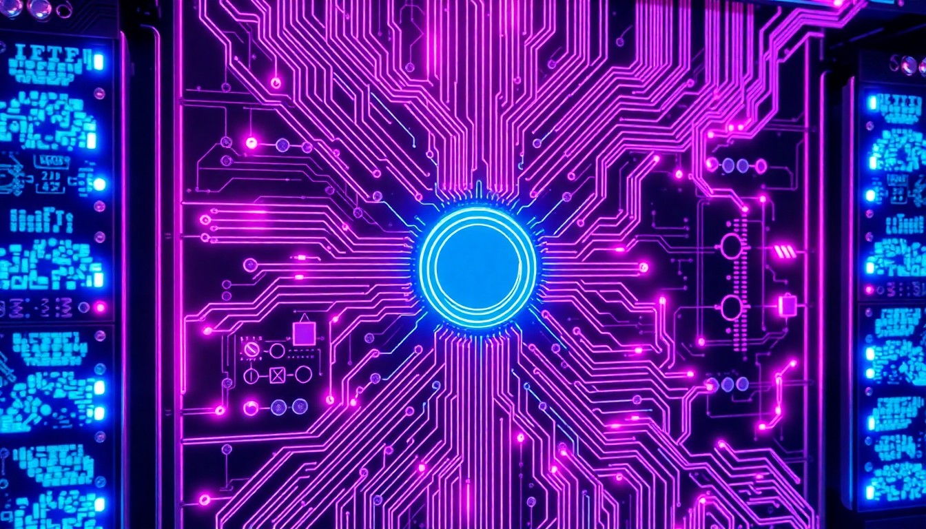 A highly detailed, glowing 3D illustration of a complex, futuristic circuit board or server infrastructure in shades of neon blue, purple, and magenta, conceptually representing the advanced technology powering Slicon Systems' custom app development solutions.