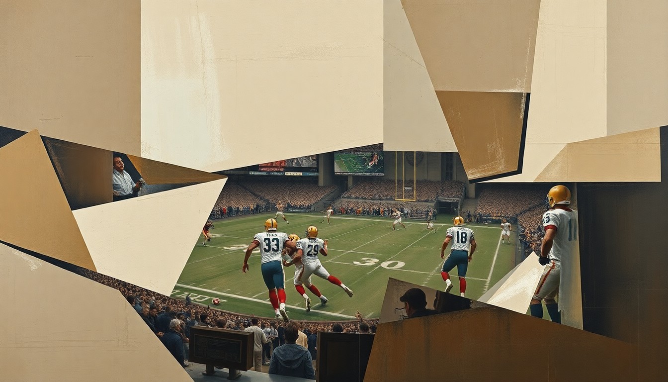 A cubist, geometric painting depicting a fragmented football game or match, with sharp, overlapping planes in muted earth tones and metallic accents, conveying the multifaceted nature of Penner's leadership roles in the NFL and with the Broncos.