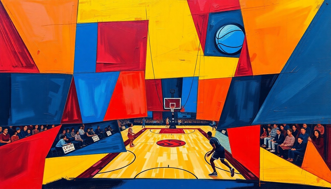 A fragmented, geometric painting in bold primary colors depicting the dynamic action of a women's basketball game, conveying the intensity and energy of the Arkansas State Red Wolves' WNIT playoff run.