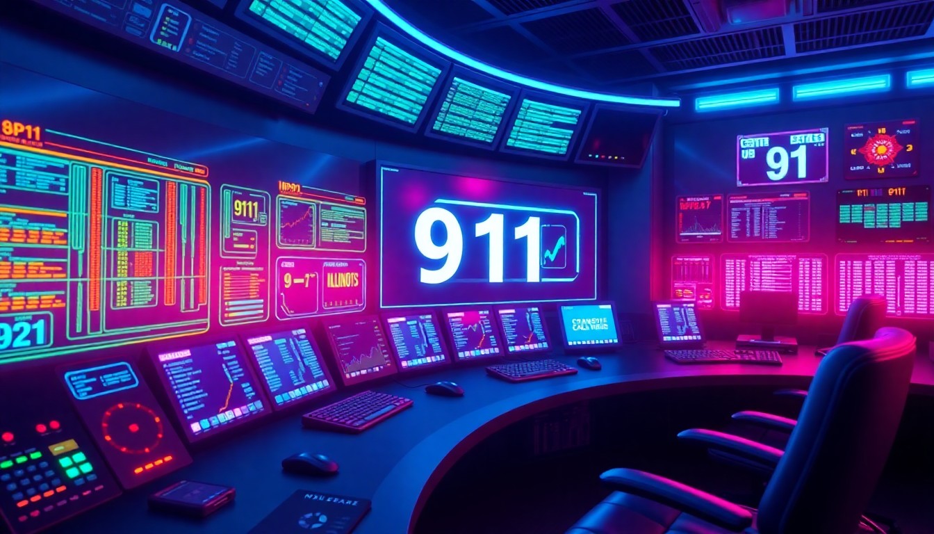 A highly detailed, glowing 3D illustration of a futuristic 911 call center control panel with pulsing neon blue and magenta lights, conceptually representing the advanced IP-based infrastructure of the new NG911 system in Illinois.
