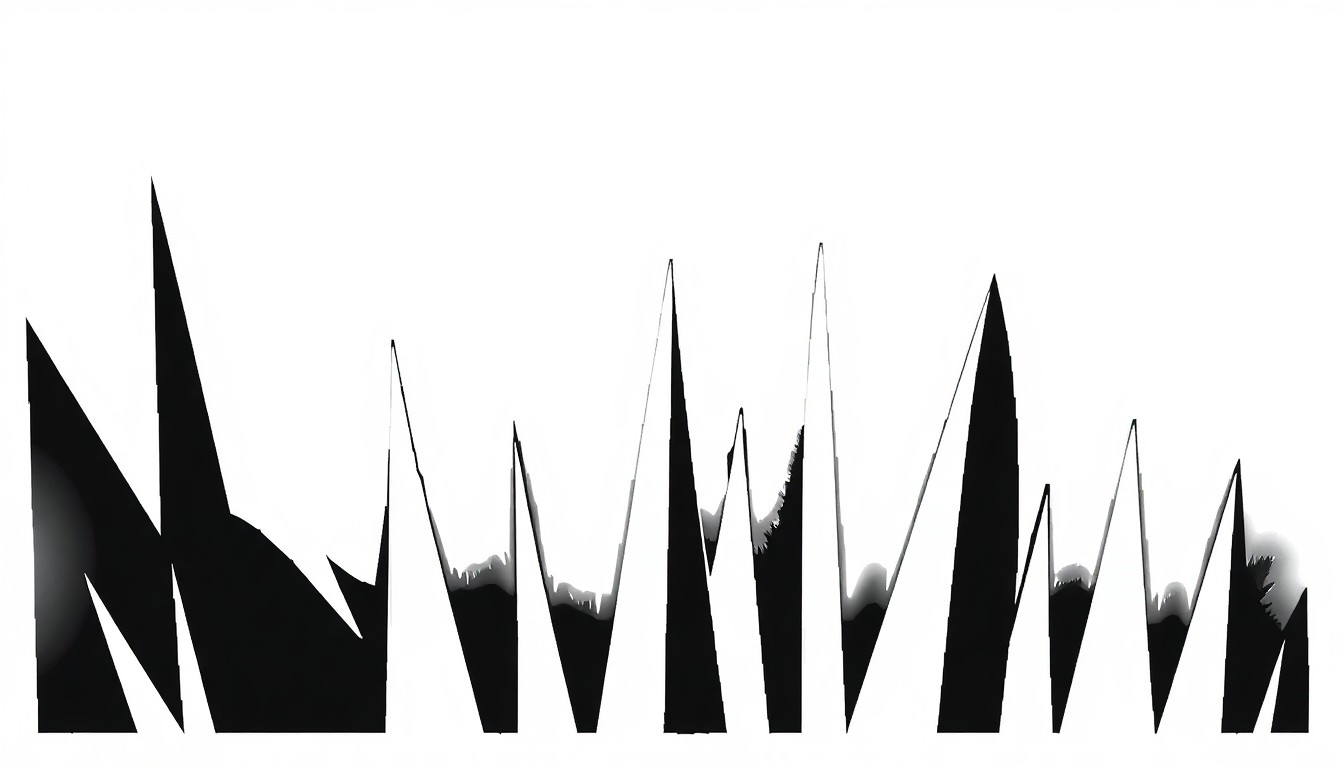 A dynamic, abstract composition of sharp, angular black shapes against a stark white background, conveying the energy and excitement of classic action movies filmed in the Pacific Northwest.