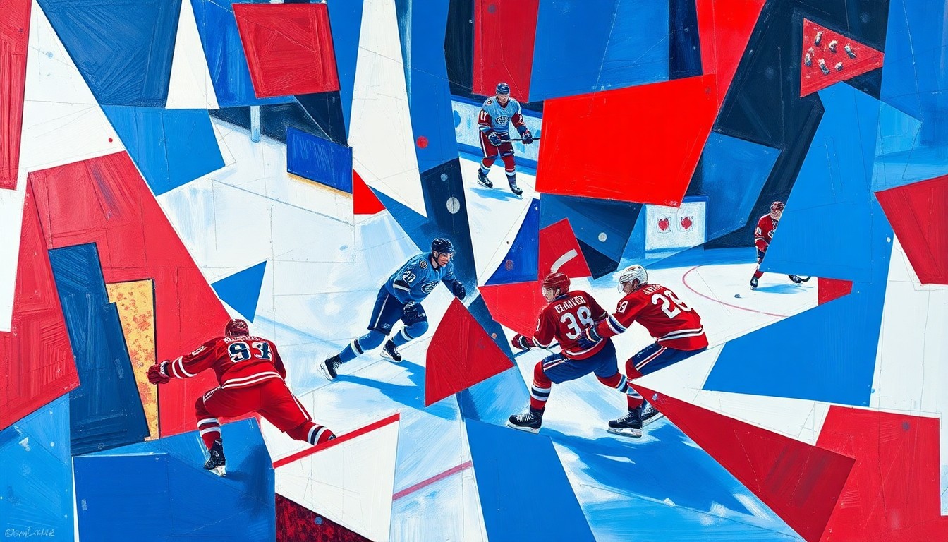 A cubist, geometric painting depicting the action and intensity of a high-stakes hockey game, with sharp planes of blue, red, and white overlapping to create a dynamic, abstract visual representation of the matchup.