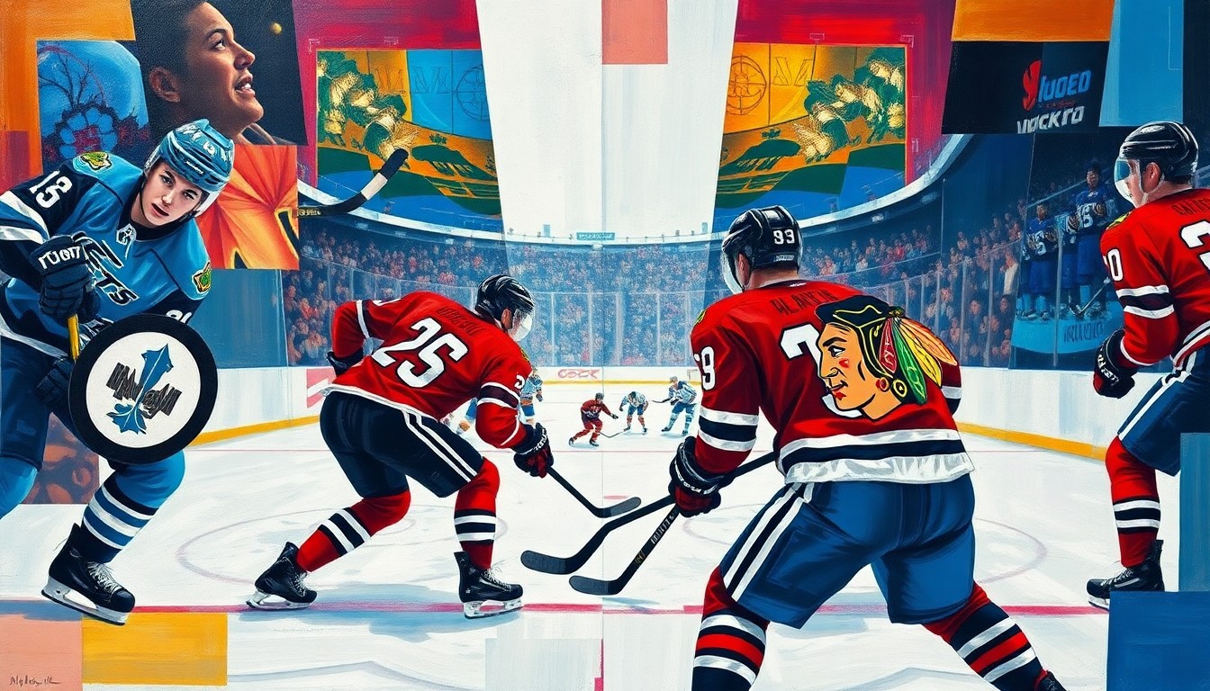A cubist, geometric painting depicting a hockey game between the Winnipeg Jets and Chicago Blackhawks, with the players and action broken down into overlapping planes of color and sharp angles.