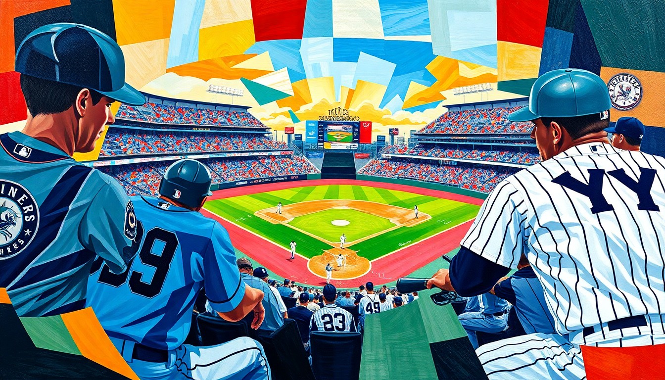 A cubist, geometric painting depicting a baseball game in motion, with sharp, overlapping planes of color representing the players and field of play.