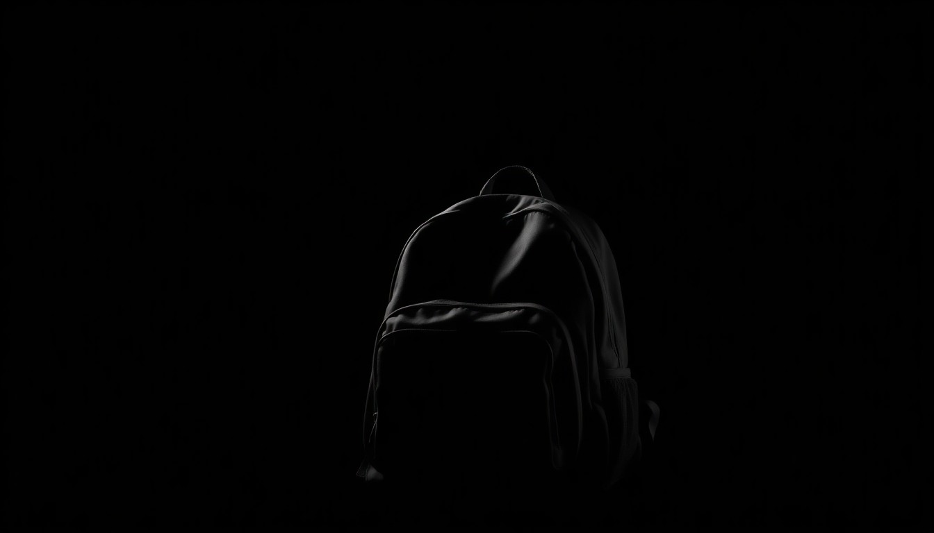 An extreme close-up photograph of a child's backpack against a pitch-black background, lit by a harsh camera flash to create a stark, gritty, investigative aesthetic.