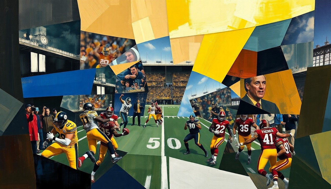 A fragmented, geometric painting depicting a football game or match, with players and the field broken down into sharp, overlapping planes of color and shape, conveying the strategic complexity of the sport.