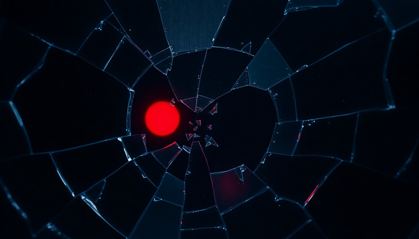 An abstract close-up photograph of a shattered glass surface reflecting a faint red light, conveying a sense of fragility and the complexity of identity.