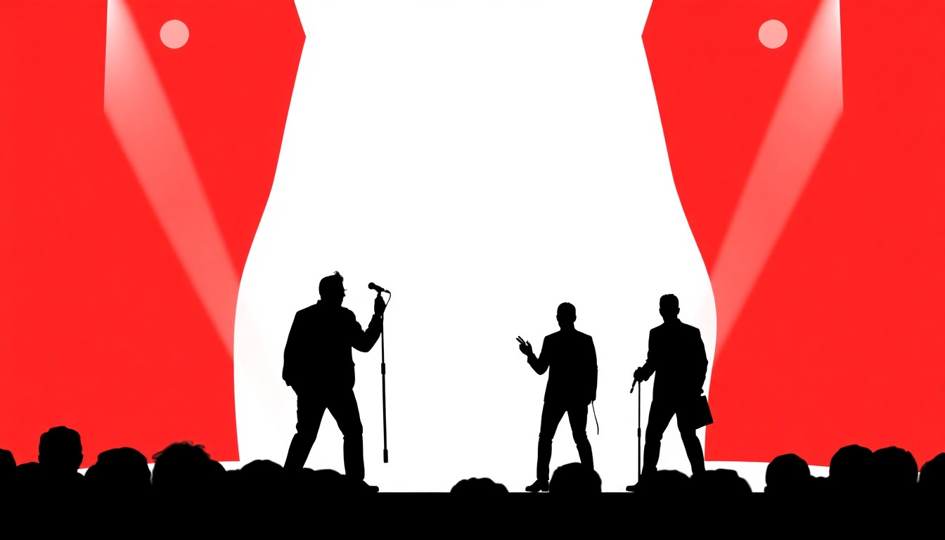 A minimalist, abstract illustration featuring bold black silhouettes and high-contrast solid colors like red and white, conceptually representing the solo performer and theatrical stage.