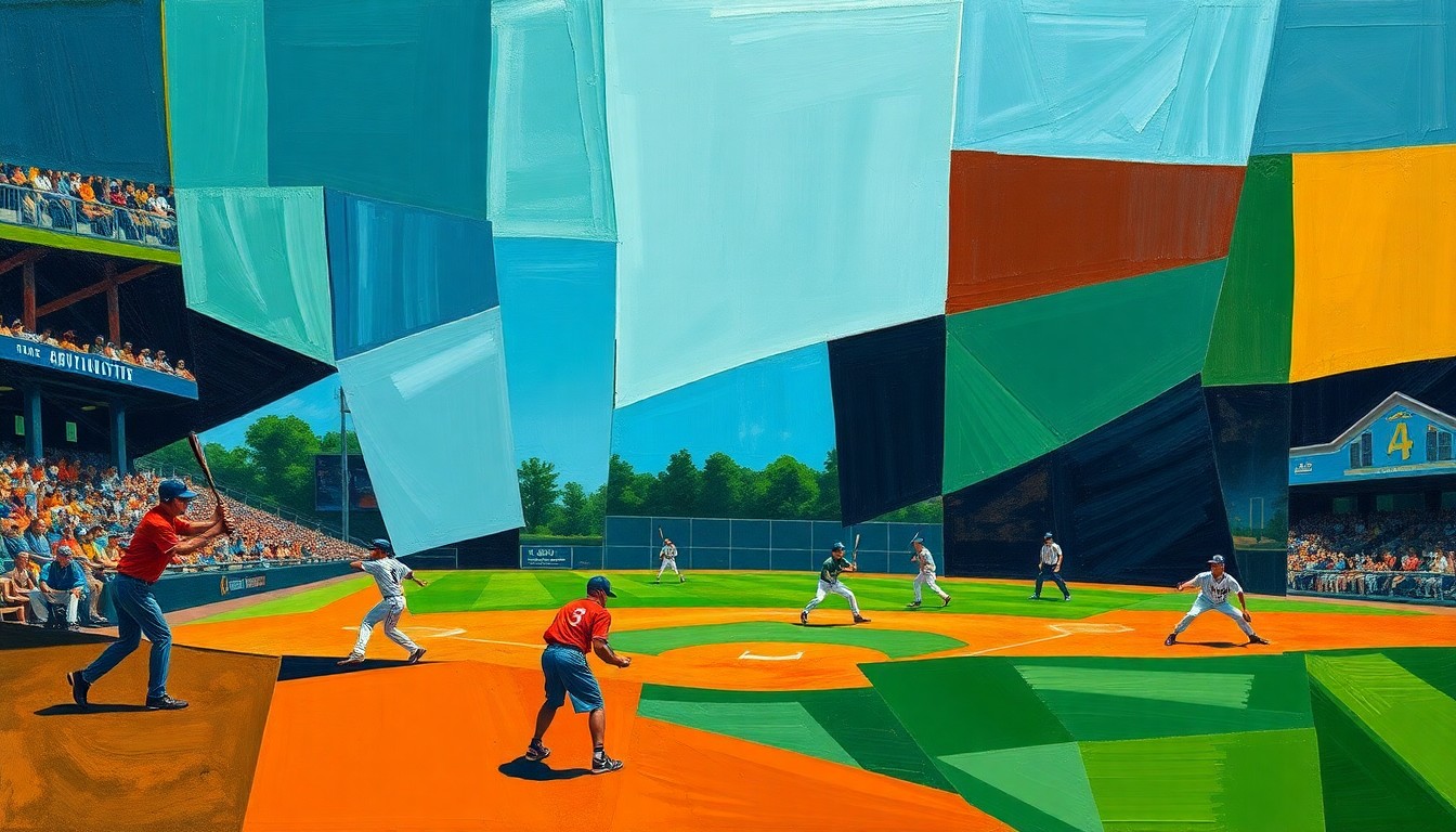 A fractured, geometric painting in bold colors depicting the chaotic action of a high school baseball game, with players, bats, and the field deconstructed into sharp, overlapping planes.