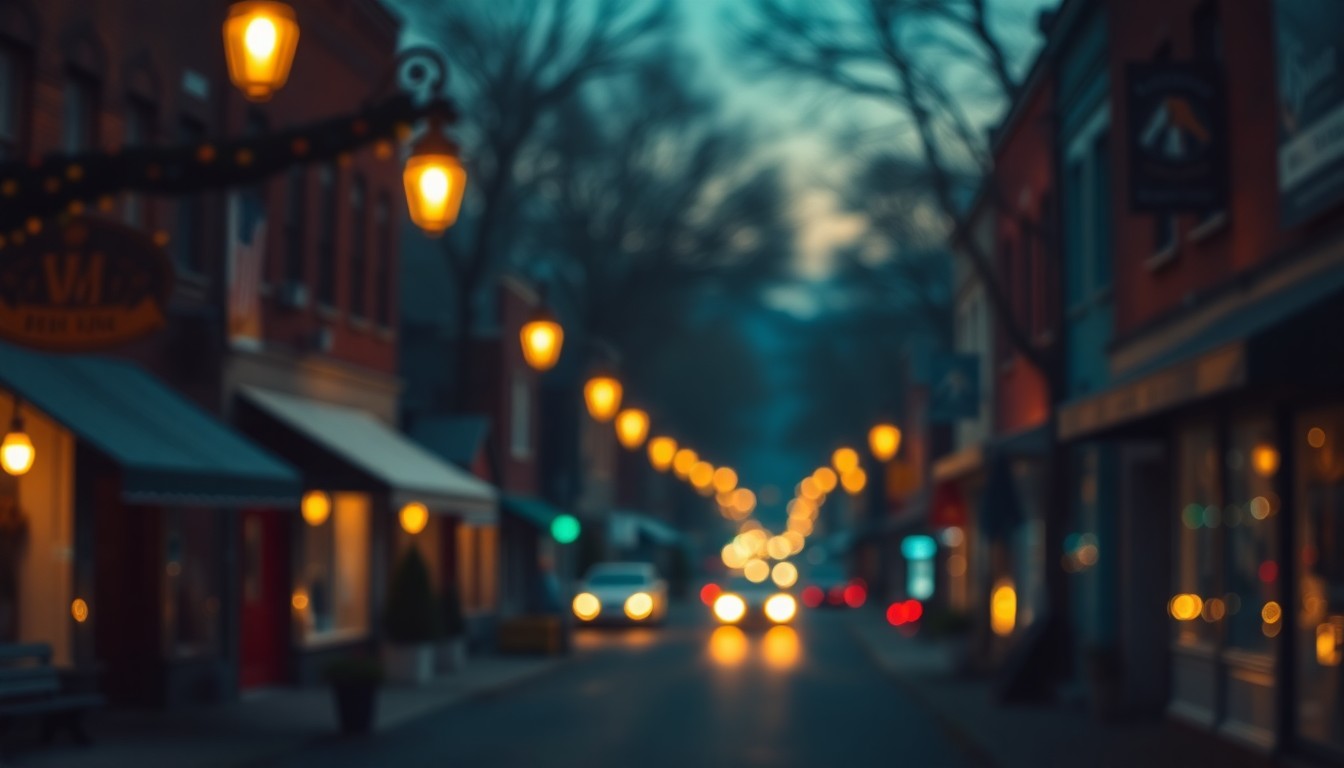 An abstract, impressionistic photograph of a small-town main street at night, with soft, glowing pools of light from streetlamps and storefronts creating a warm, nostalgic atmosphere.