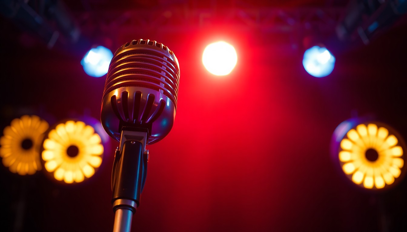 An extreme close-up photograph of a microphone and stage lighting equipment, capturing the high-contrast textures and dramatic lighting of a live comedy performance.