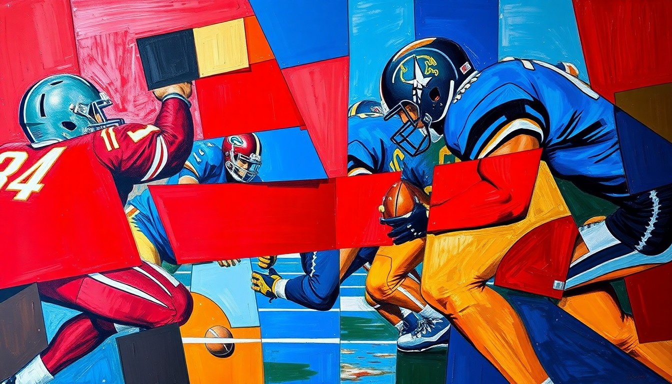 A fragmented, geometric painting depicting the dynamic movements and collisions of a football defensive line, with sharp planes of color and form representing the power and intensity of the game.