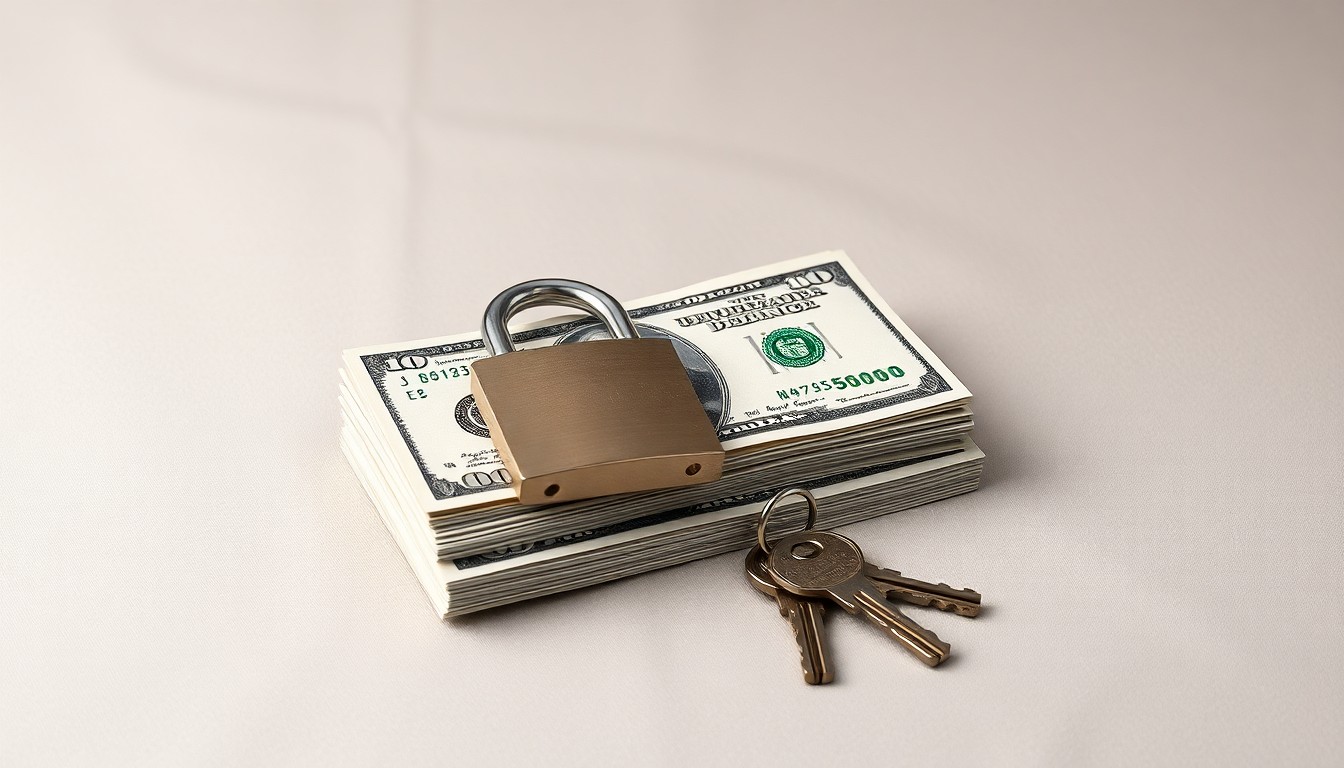 A minimalist studio still life photograph featuring a stack of $100 bills, a metal lock, and a set of keys, symbolizing the abstract concepts of corporate finance, risk, and the legal fallout from the Epstein scandal.