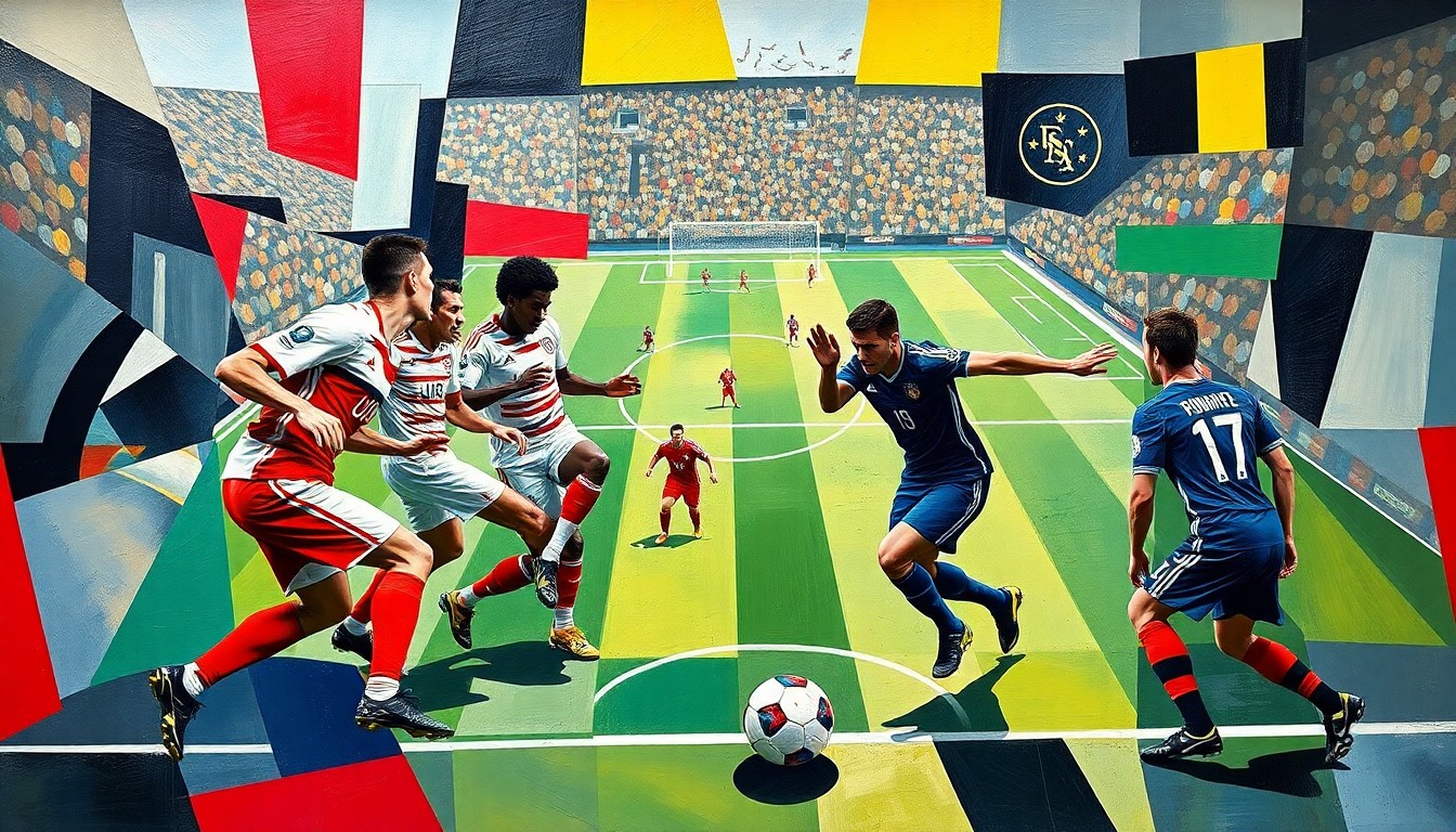 A fragmented, geometric painting depicting a soccer match between the USMNT and Belgium, with the players' forms abstracted into angular, overlapping shapes and the ball and field lines cutting across the canvas in a dynamic, kinetic composition.