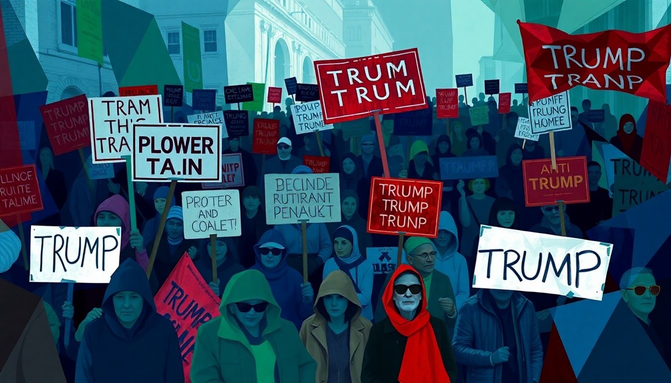 A vibrant, fractured painting depicting a crowd of protesters marching with signs and banners, conveying the energy and urgency of the 'No Kings Day' demonstration.