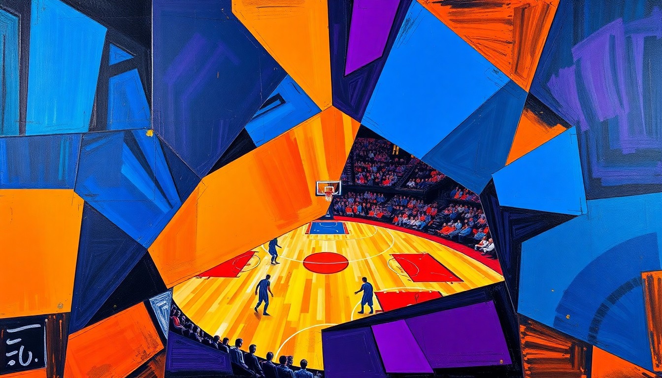 A fractured, geometric painting depicting the intense action of a basketball game, with sharp planes of color and overlapping shapes representing the players' movements and the heated emotions on the court.