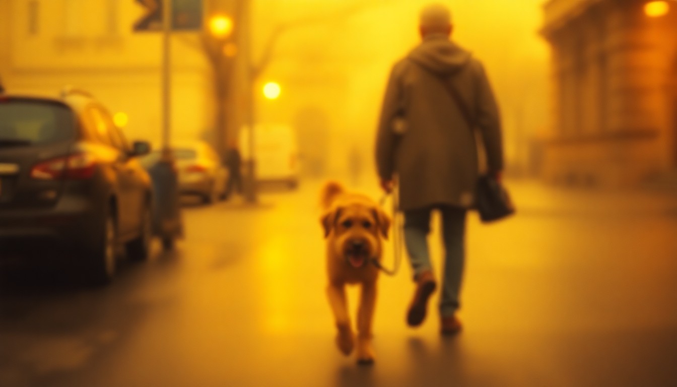 An extremely abstracted, out-of-focus photograph in warm tones depicting the blurred forms of a service dog and their owner walking together, the scene hazy and dreamlike.