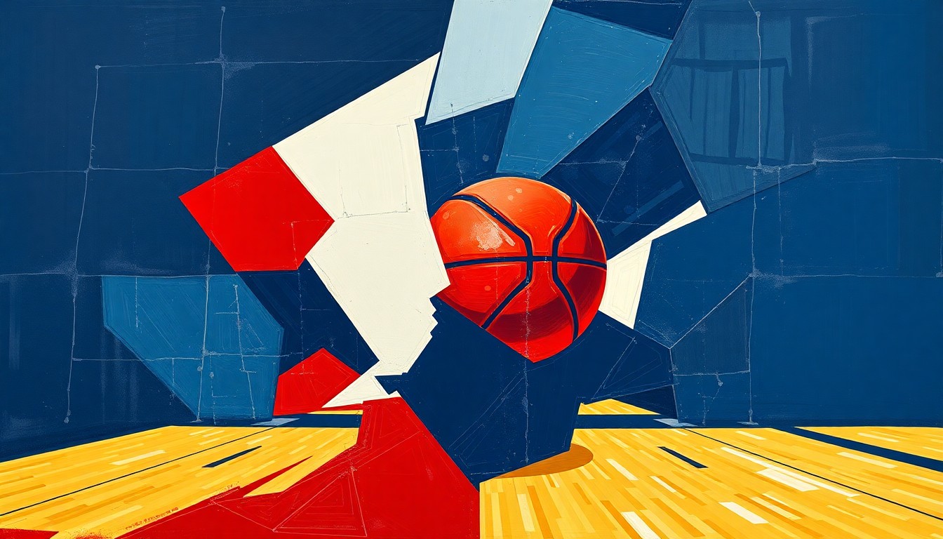 A cubist-style painting featuring sharp, overlapping geometric shapes in navy, crimson, and white, conceptually representing the strategic intricacies of college basketball coaching as NC State searches for its next head coach.