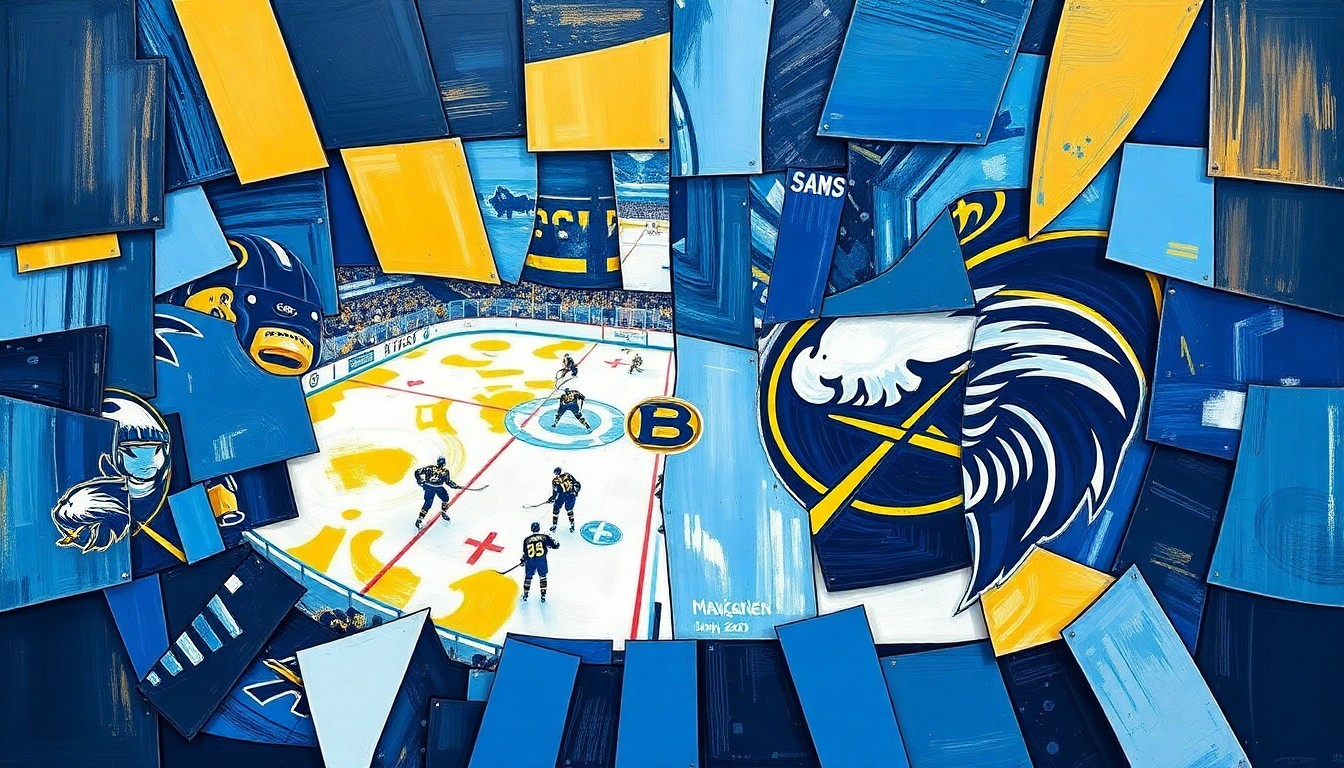 A cubist, geometric painting depicting a hockey game between the Buffalo Sabres and Seattle Kraken, with the players and action broken down into sharp, overlapping planes of color.