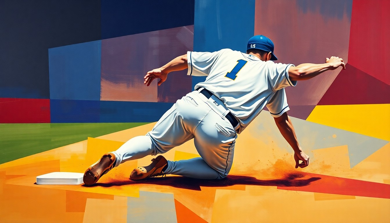 A cubist-style painting featuring sharp, overlapping geometric planes in navy, red, and yellow, conceptually representing the devastating ankle injury suffered by a baseball player sliding into second base.
