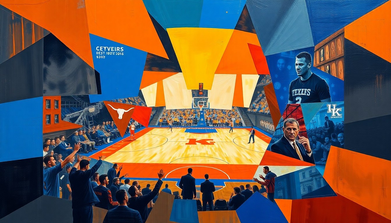 A fragmented, cubist-style painting depicting a basketball game, with overlapping geometric shapes and planes in vibrant colors representing the intense action on the court.