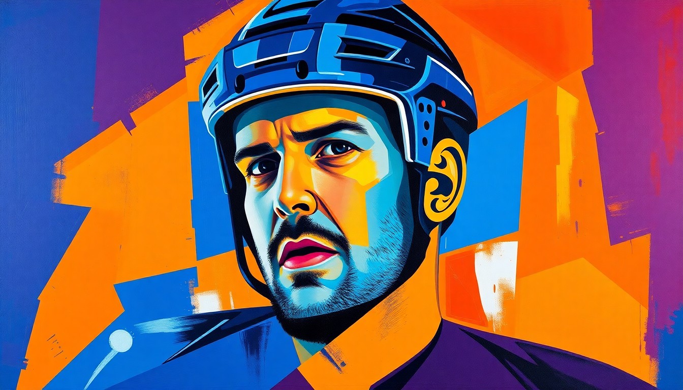 A fractured, multi-perspective painting featuring sharp, overlapping geometric planes in vibrant colors like royal blue, fiery orange, and deep purple, conceptually representing the illustrious career of hockey legend Jaromir Jagr.