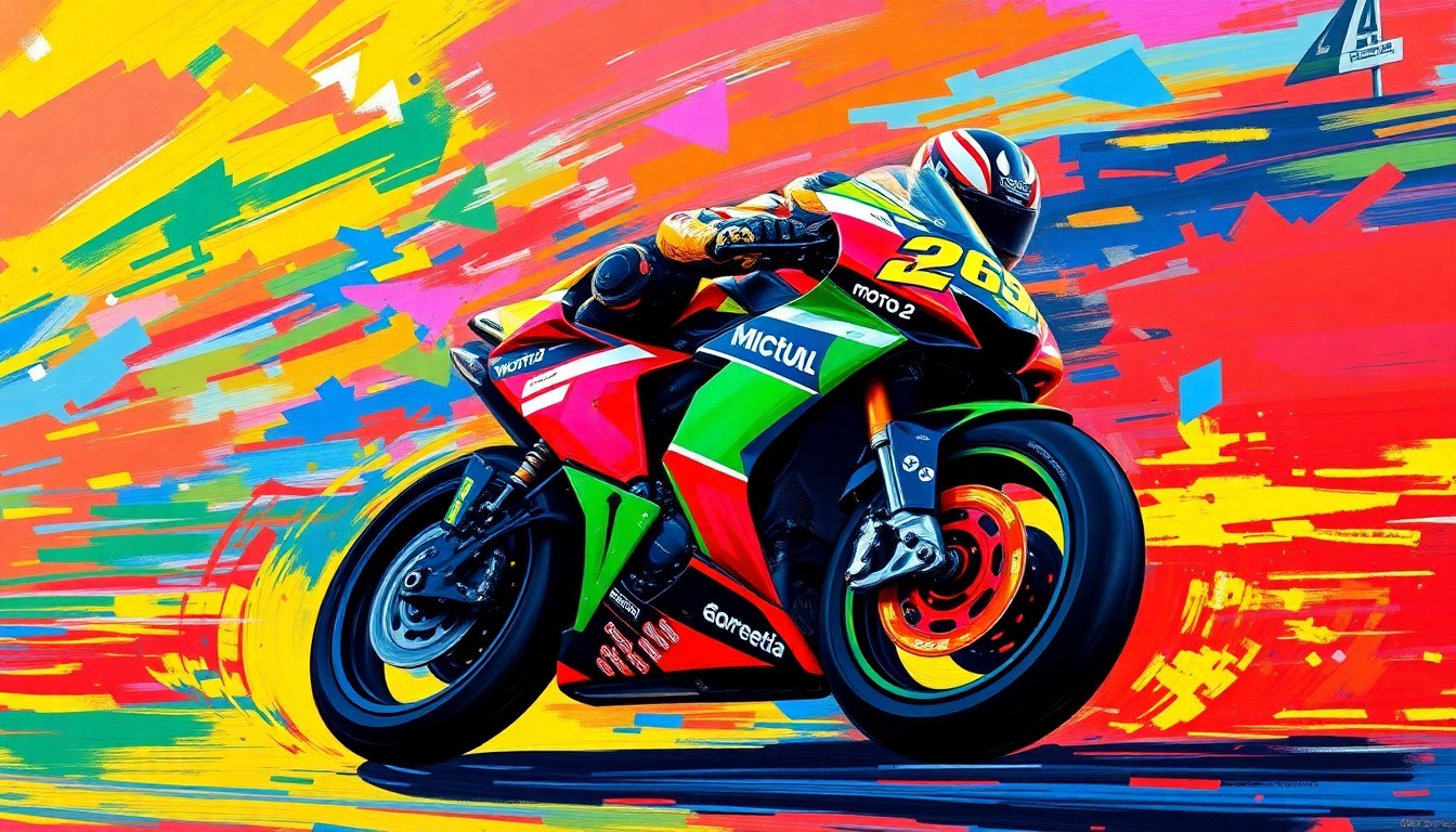 An abstract, expressionist painting depicting a Moto2 motorcycle in motion, with vibrant neon colors and dynamic brushstrokes conveying the raw speed and energy of the race.