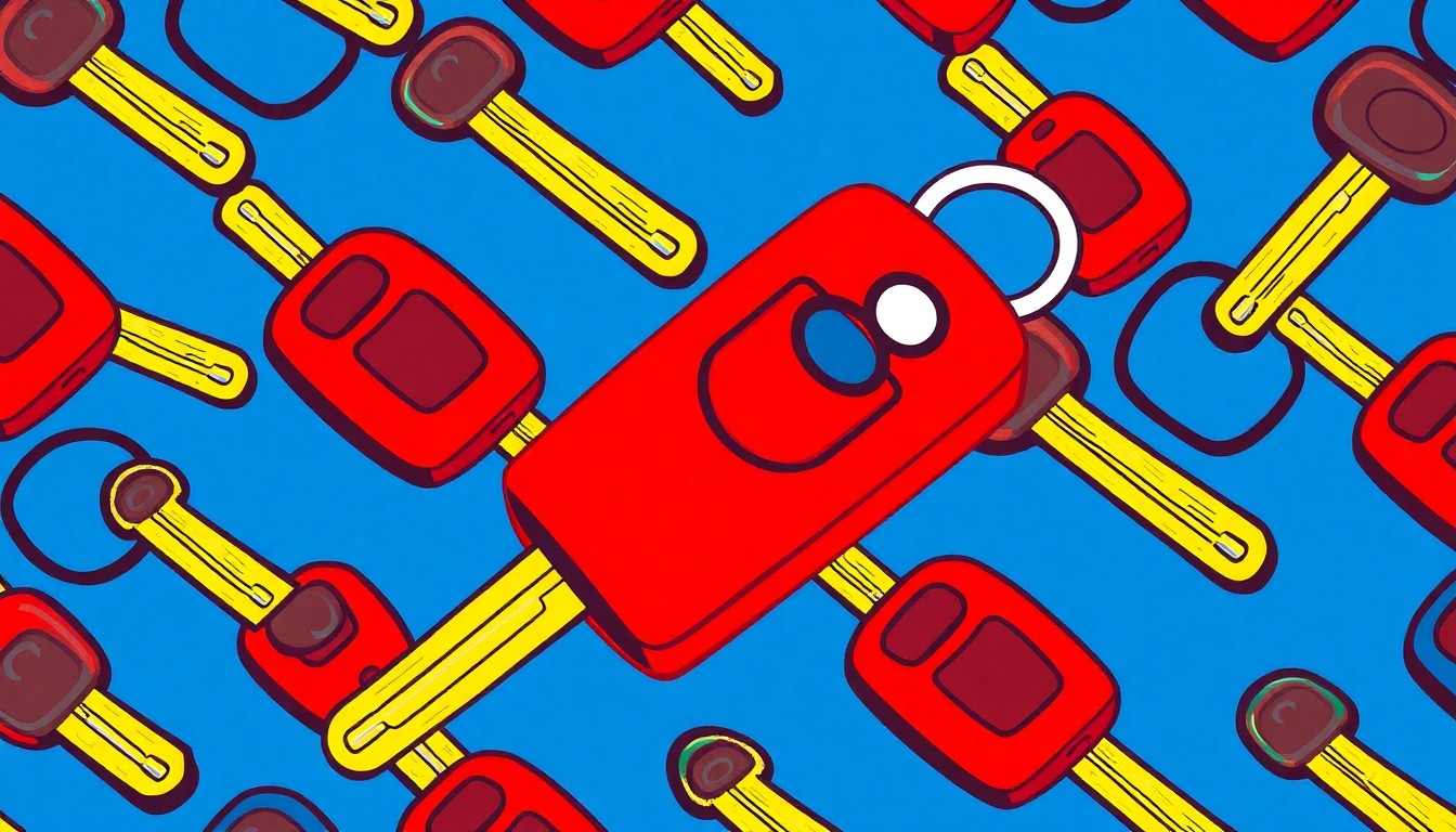 A vibrant, high-contrast silkscreen print of a car key repeated in a grid, conceptually representing the donation of vehicles to support a local advocacy organization.