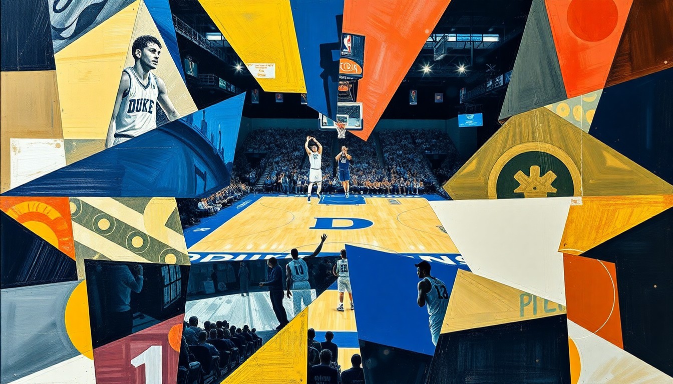 A cubist-style painting depicting a college basketball game, with the players and court broken down into sharp, overlapping geometric shapes and planes in vibrant colors, conveying the intensity and energy of the matchup between Duke and UConn.
