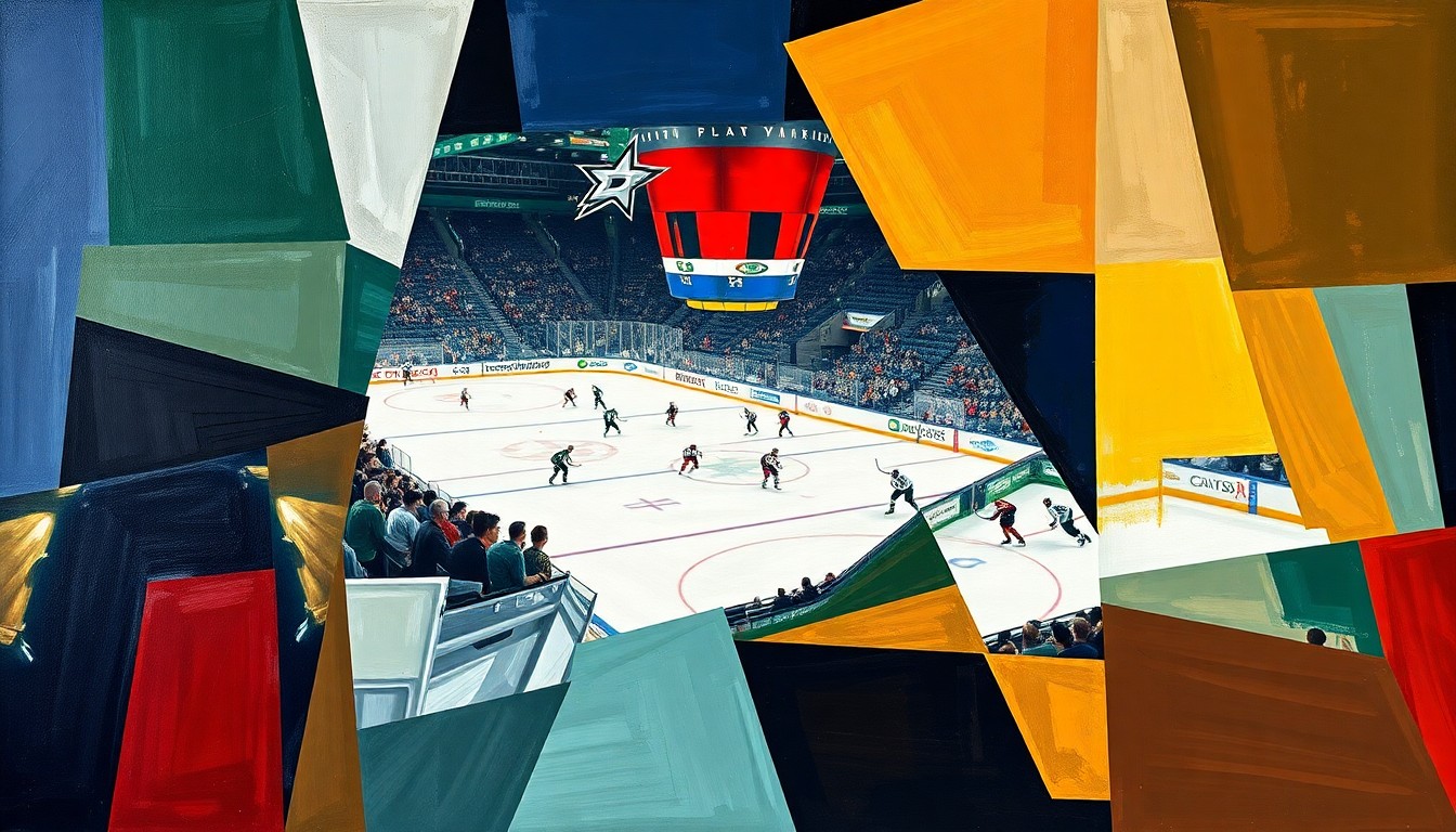 A cubist, geometric painting depicting a Dallas Stars hockey game, with the players and action broken down into sharp, overlapping planes of color and shape, reflecting the complex salary cap challenges facing the team.