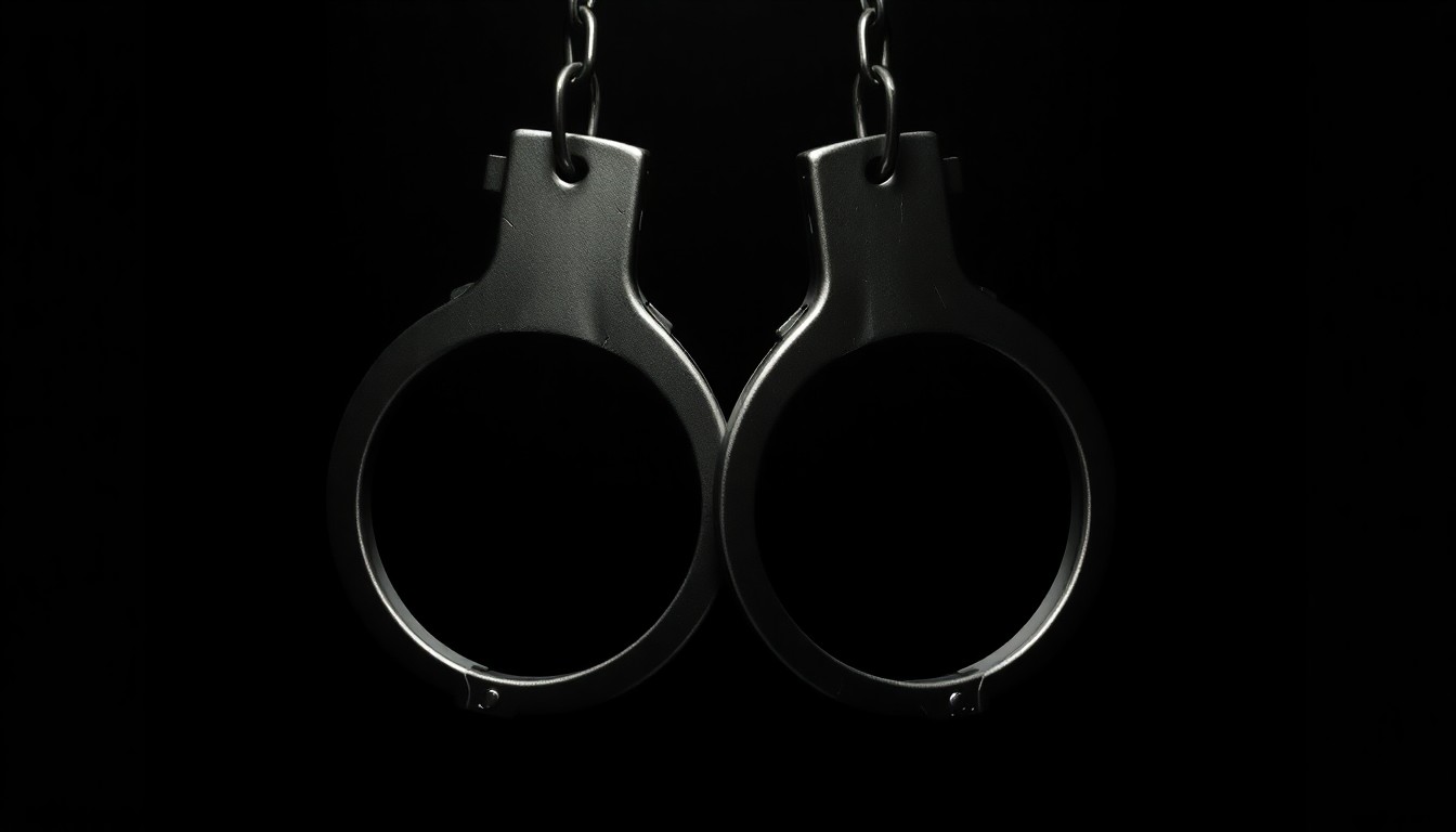 An extreme close-up photograph of a set of handcuffs against a pitch-black background, lit by a harsh, direct camera flash, conceptually representing the investigation into allegations of misconduct by public safety employees in Avoyelles Parish.