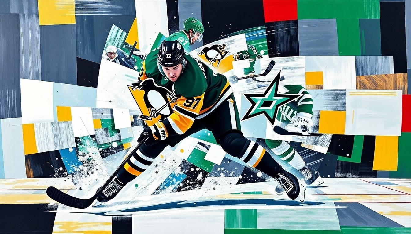 A fractured, cubist-style painting depicting a hockey player scoring a goal, with the sharp geometric planes and overlapping colors representing the dynamic action of the play.