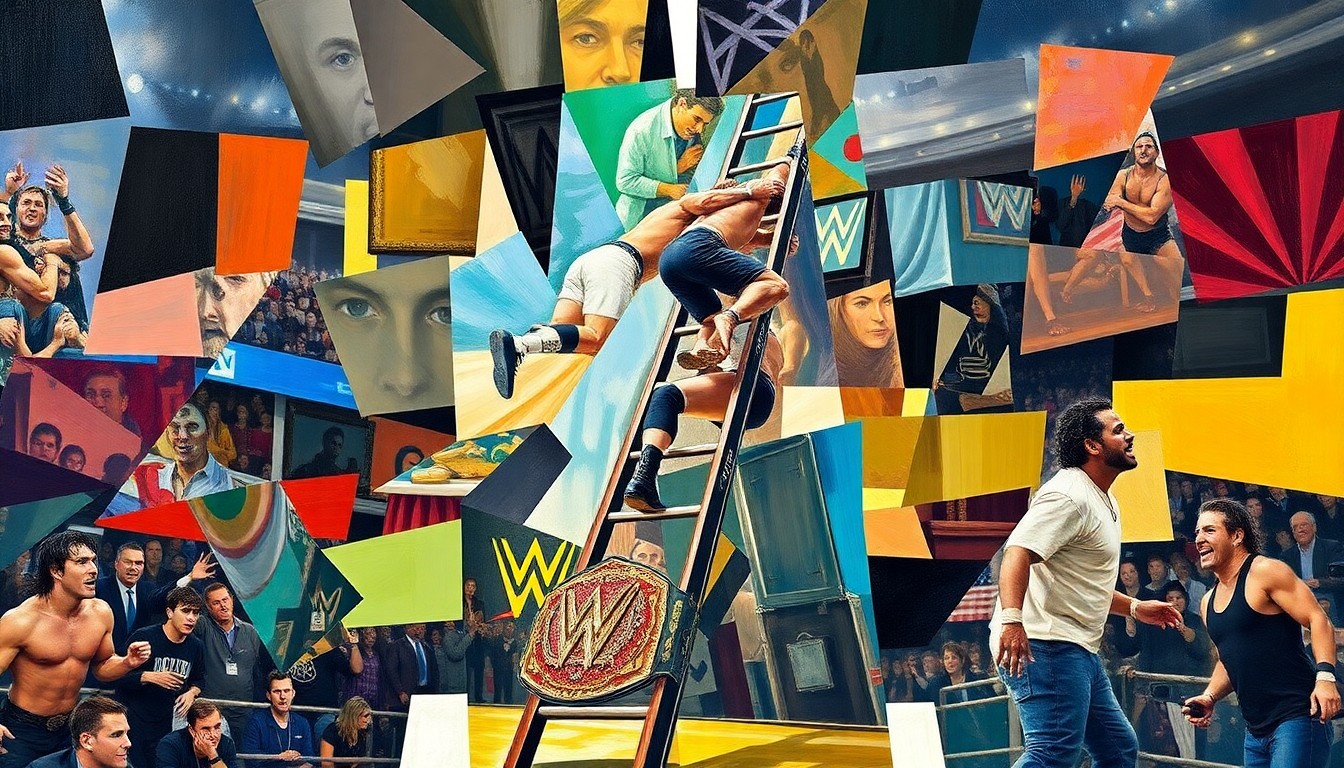 A fragmented, geometric painting depicting the intense action of a WWE ladder match, with wrestlers climbing towards a championship belt suspended above the ring.