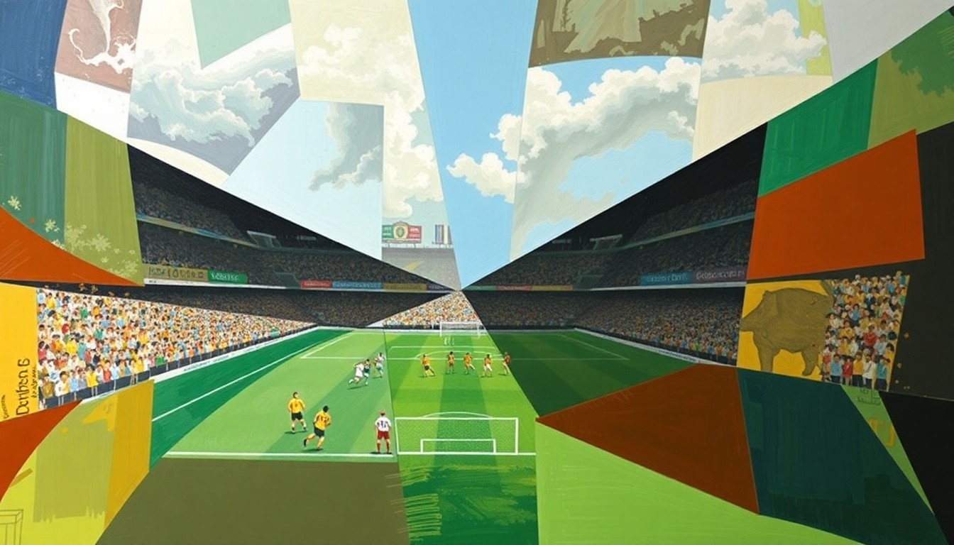 A cubist, geometric painting depicting a Socceroos soccer match, with players and the field broken down into sharp, overlapping planes of color and shape, conveying the team's strategic focus ahead of the 2026 World Cup.